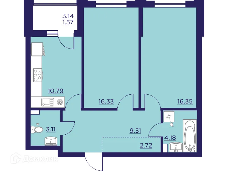 Планировка 2-комнатной квартиры 64.56 м² в ЖК Городские Сады, г. Воронеж — фото 2