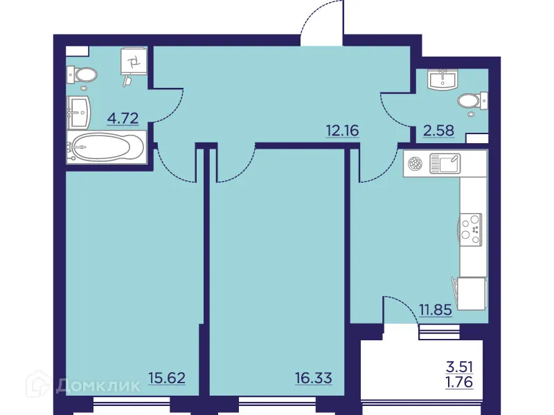 Планировка 2-комнатной квартиры 65.02 м² в ЖК Городские Сады, г. Воронеж — фото 2