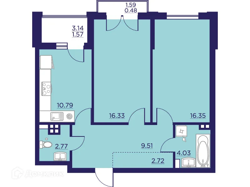 Планировка 2-комнатной квартиры 64.55 м² в ЖК Городские Сады, г. Воронеж — фото 2