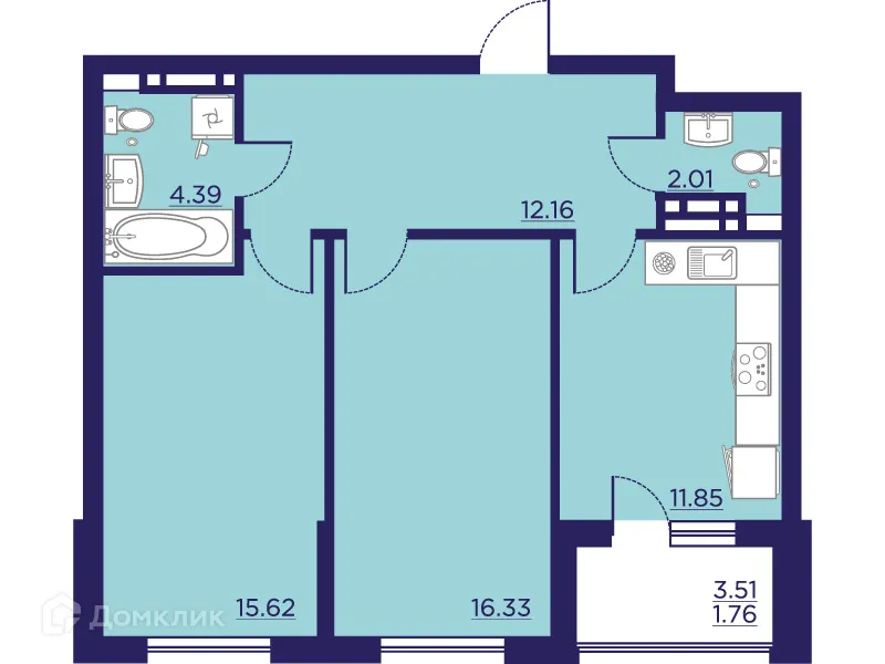 Планировка 2-комнатной квартиры 64.12 м² в ЖК Городские Сады, г. Воронеж — фото 2