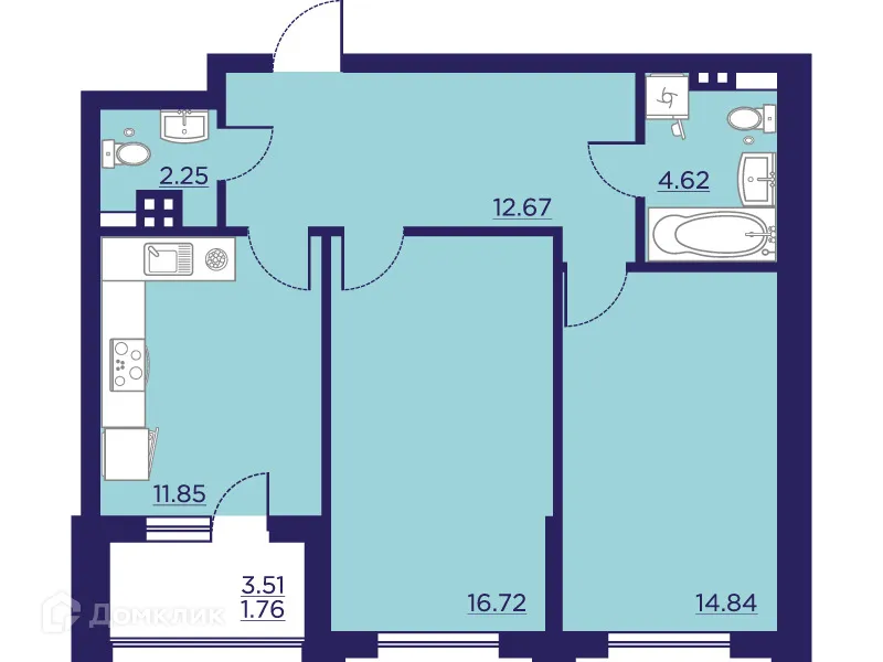Планировка 2-комнатной квартиры 64.71 м² в ЖК Городские Сады, г. Воронеж — фото 2