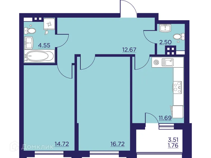 Планировка 2-комнатной квартиры 64.61 м² в ЖК Городские Сады, г. Воронеж — фото 2