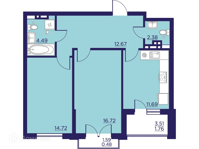 Планировка 2-комнатной квартиры 64.91 м² в ЖК Городские Сады, г. Воронеж — фото 2