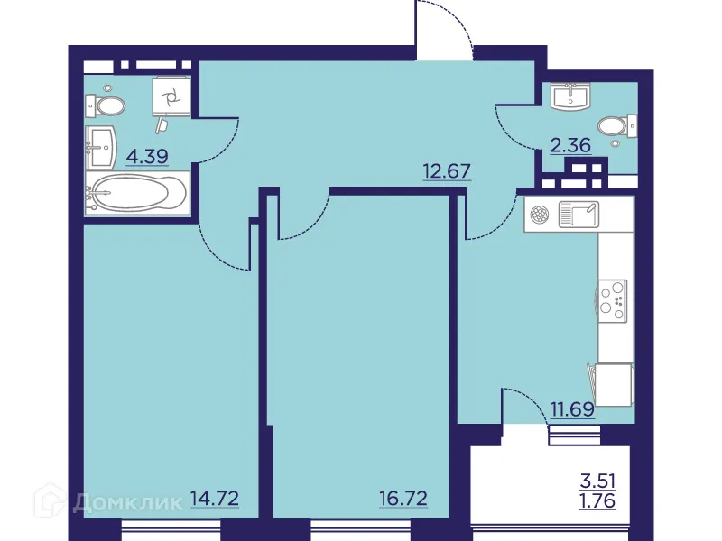 Планировка 2-комнатной квартиры 64.31 м² в ЖК Городские Сады, г. Воронеж — фото 1