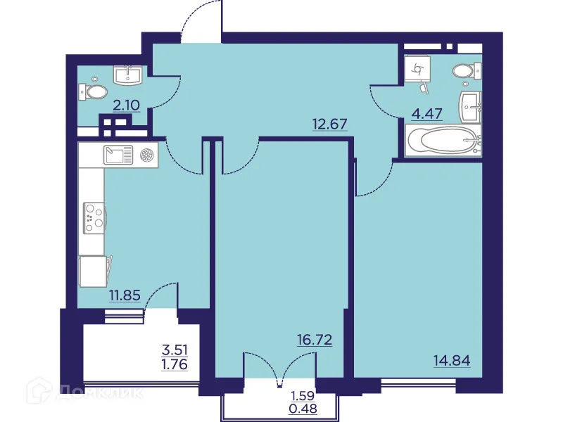 Планировка 2-комнатной квартиры 64.89 м² в ЖК Городские Сады, г. Воронеж — фото 2