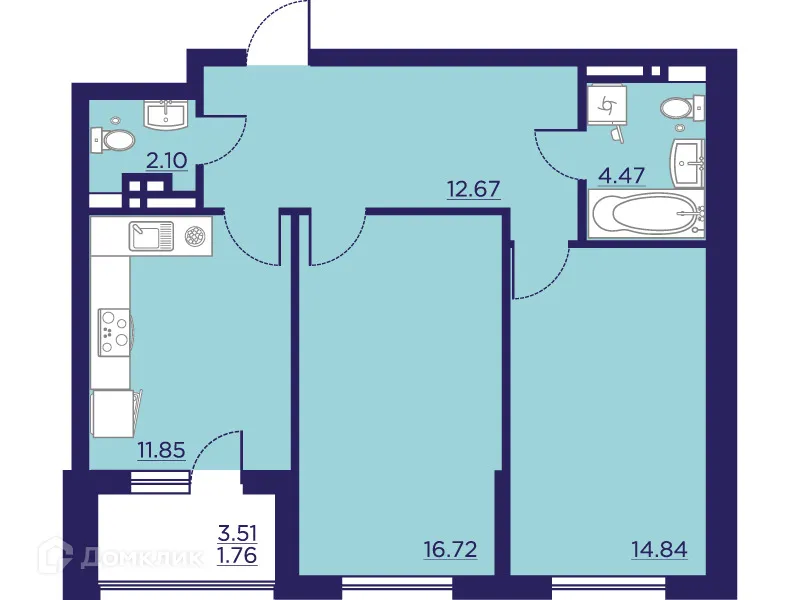 Планировка 2-комнатной квартиры 64.41 м² в ЖК Городские Сады, г. Воронеж — фото 2