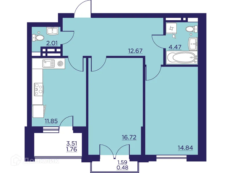 Планировка 2-комнатной квартиры 64.8 м² в ЖК Городские Сады, г. Воронеж — фото 2