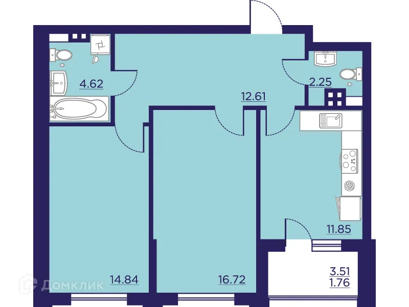 Планировка 2-комнатной квартиры 64.65 м² в ЖК Городские Сады, г. Воронеж — фото 2