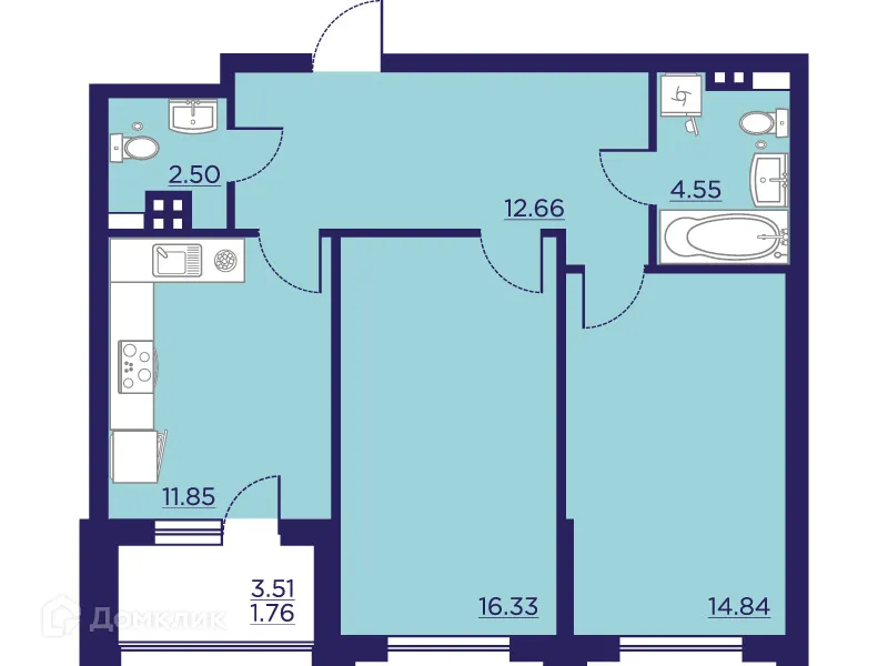 Планировка 2-комнатной квартиры 64.49 м² в ЖК Городские Сады, г. Воронеж — фото 2