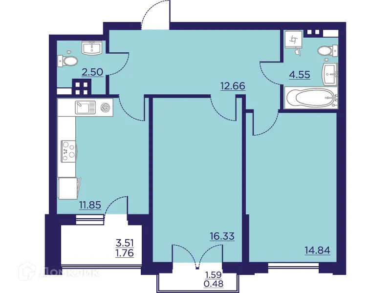 Планировка 2-комнатной квартиры 64.97 м² в ЖК Городские Сады, г. Воронеж — фото 2