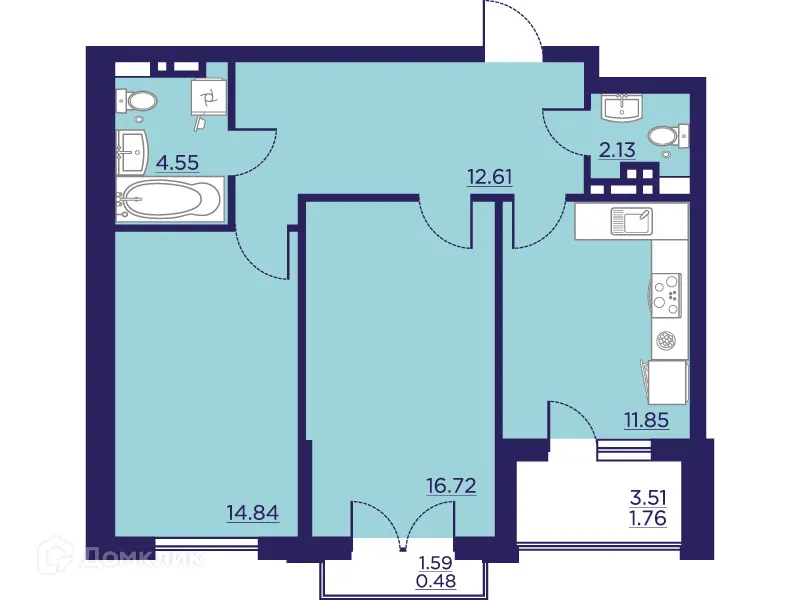 Планировка 2-комнатной квартиры 64.94 м² в ЖК Городские Сады, г. Воронеж — фото 2