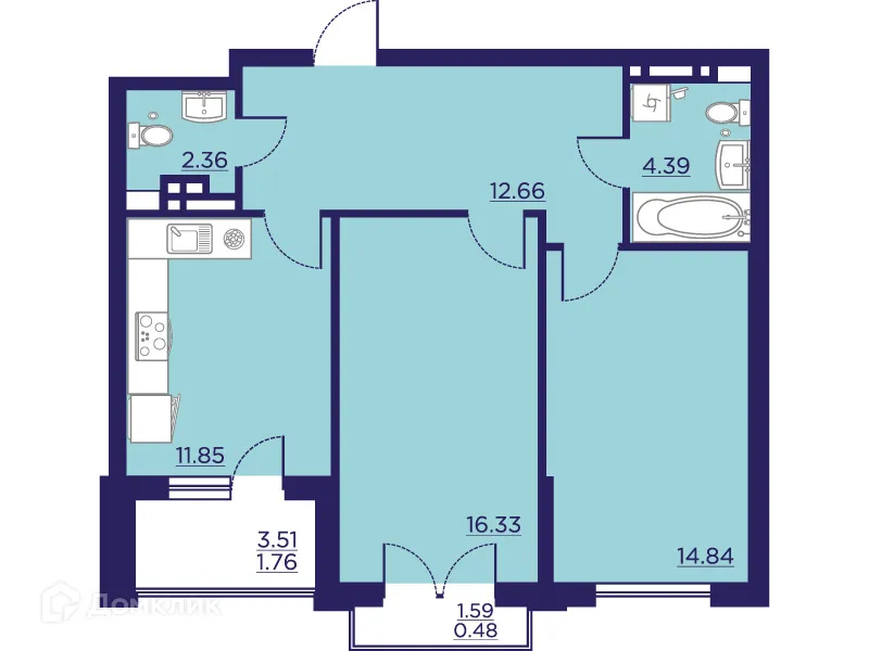 Планировка 2-комнатной квартиры 64.67 м² в ЖК Городские Сады, г. Воронеж — фото 2