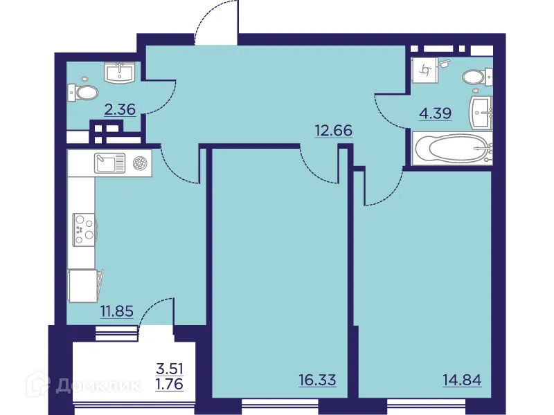 Планировка 2-комнатной квартиры 64.19 м² в ЖК Городские Сады, г. Воронеж — фото 2
