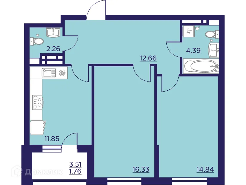 Планировка 2-комнатной квартиры 64.09 м² в ЖК Городские Сады, г. Воронеж — фото 2