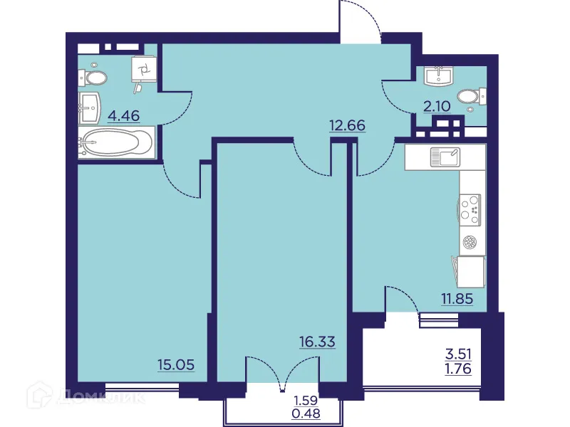 Планировка 2-комнатной квартиры 64.69 м² в ЖК Городские Сады, г. Воронеж — фото 2
