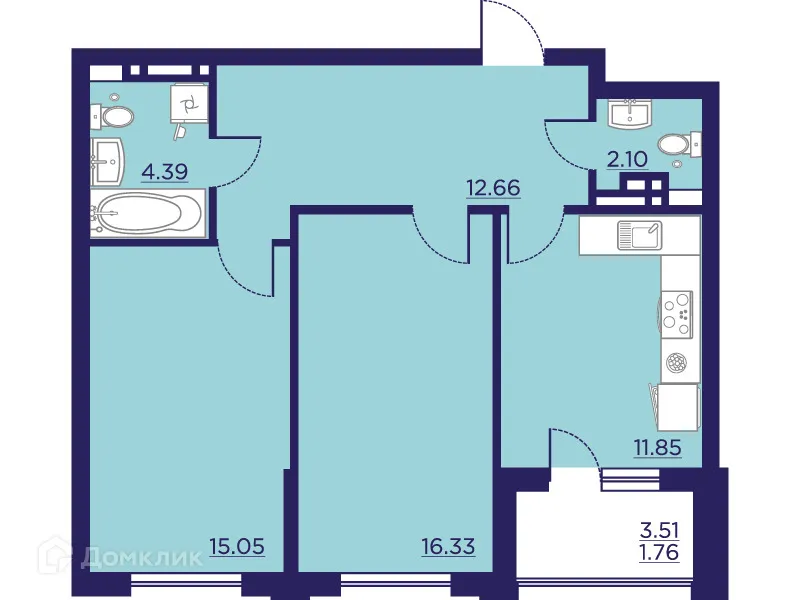 Планировка 2-комнатной квартиры 64.14 м² в ЖК Городские Сады, г. Воронеж — фото 2