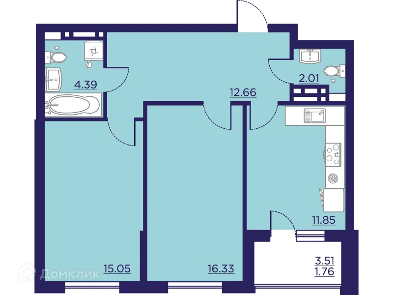 Планировка 2-комнатной квартиры 64.05 м² в ЖК Городские Сады, г. Воронеж — фото 2