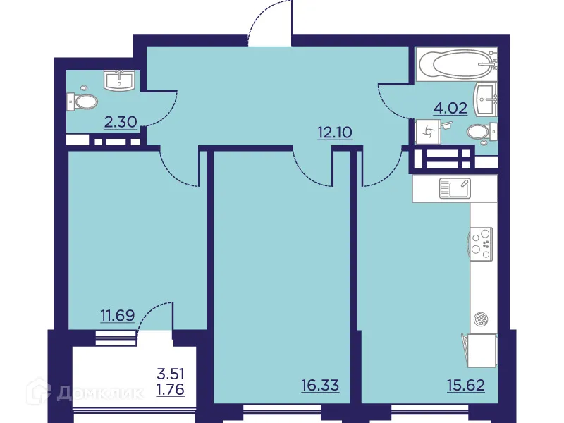 Планировка 2-комнатной квартиры 63.82 м² в ЖК Городские Сады, г. Воронеж — фото 2