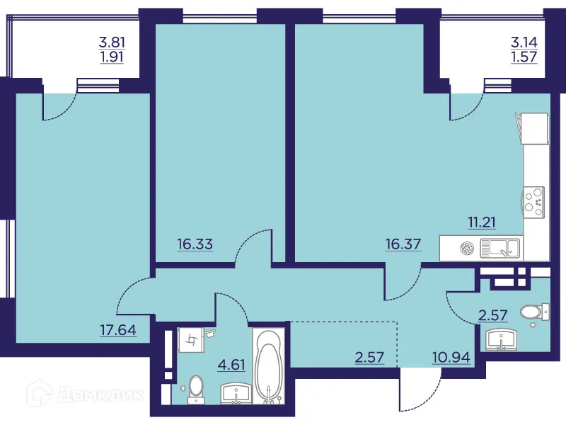 Планировка 2-комнатной квартиры 85.72 м² в ЖК Городские Сады, г. Воронеж — фото 2