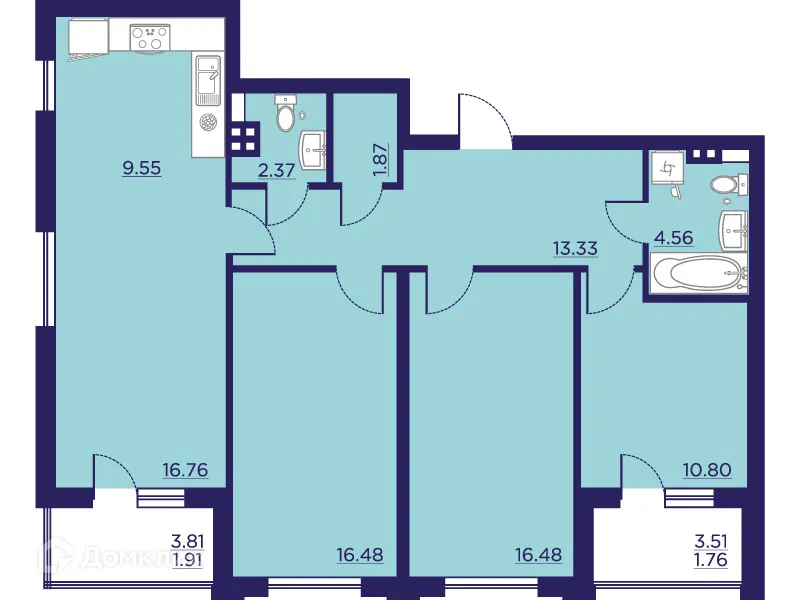 Планировка 3-комнатной квартиры 95.87 м² в ЖК Городские Сады, г. Воронеж — фото 2
