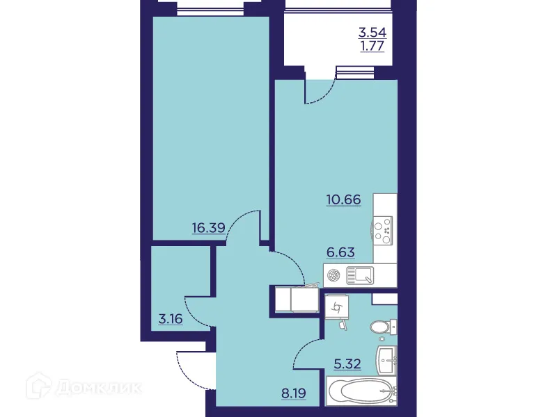 Планировка 1-комнатной квартиры 51.41 м² в ЖК Городские Сады, г. Воронеж — фото 2