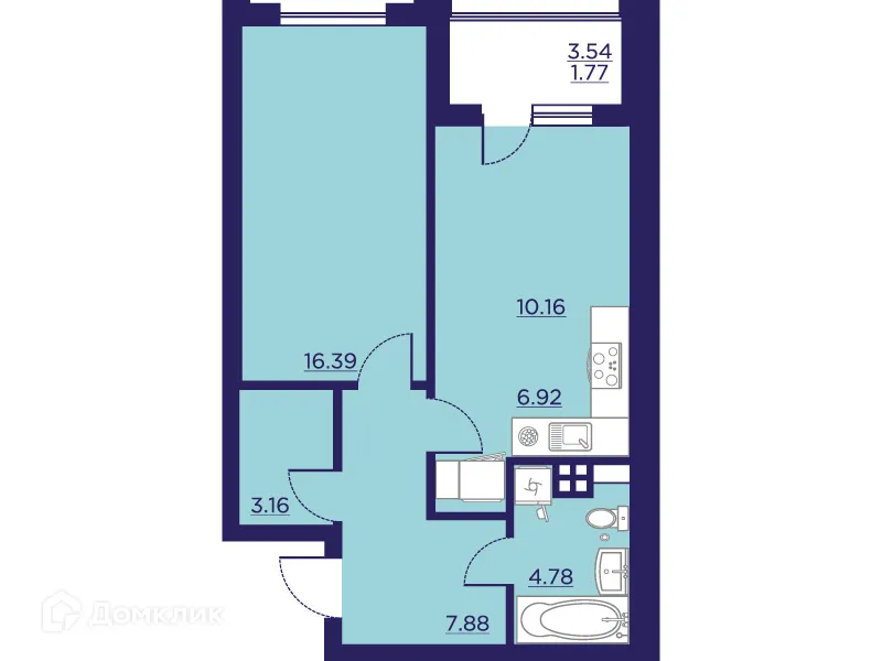 Планировка 1-комнатной квартиры 51.06 м² в ЖК Городские Сады, г. Воронеж — фото 1