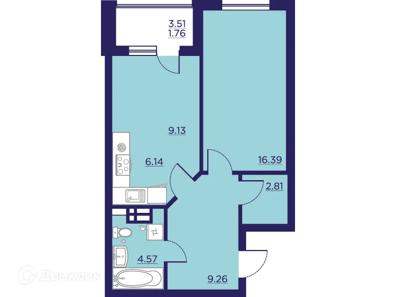 Планировка 1-комнатной квартиры 50.06 м² в ЖК Городские Сады, г. Воронеж — фото 2