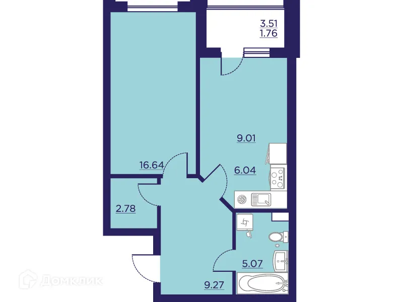 Планировка 1-комнатной квартиры 50.57 м² в ЖК Городские Сады, г. Воронеж — фото 2
