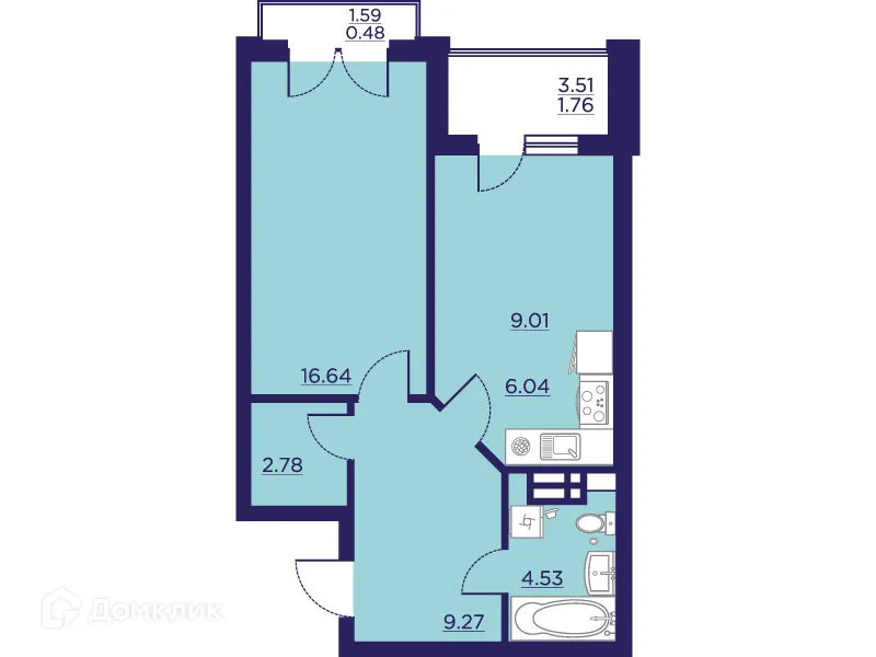 Планировка 1-комнатной квартиры 50.51 м² в ЖК Городские Сады, г. Воронеж — фото 2