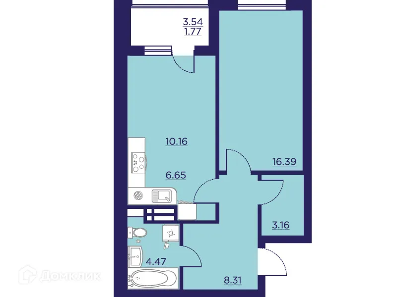 Планировка 1-комнатной квартиры 50.91 м² в ЖК Городские Сады, г. Воронеж — фото 2