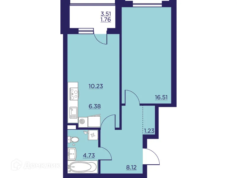 Планировка 1-комнатной квартиры 48.96 м² в ЖК Городские Сады, г. Воронеж — фото 2