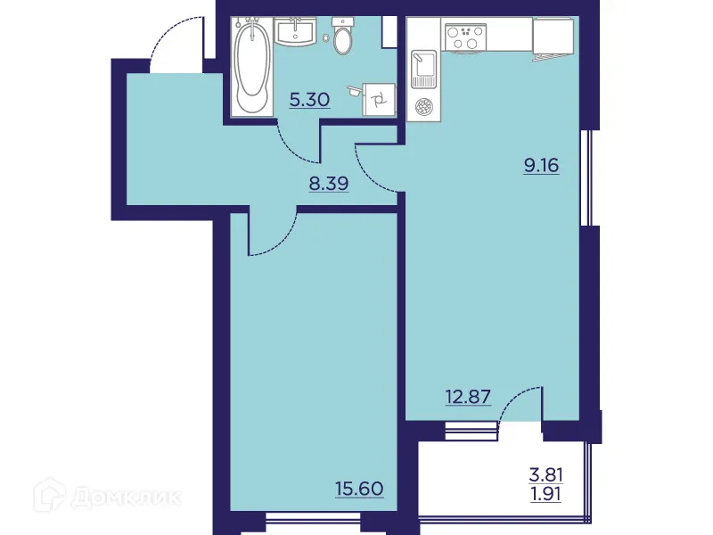 Планировка 1-комнатной квартиры 53.23 м² в ЖК Городские Сады, г. Воронеж — фото 2