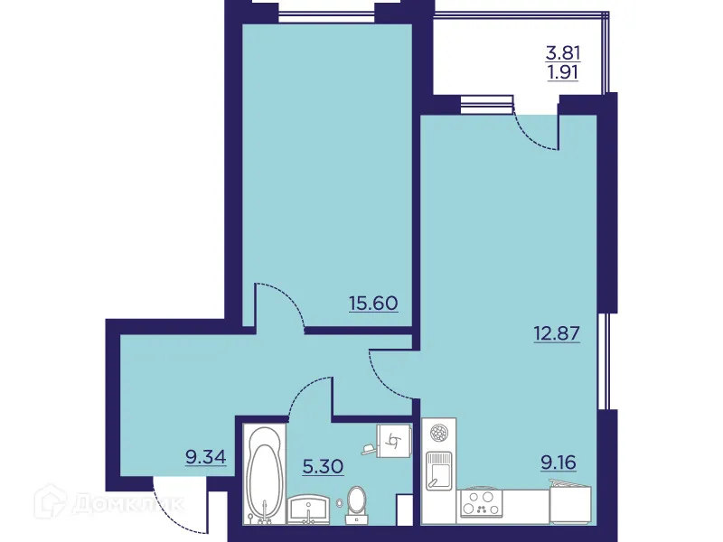 Планировка 1-комнатной квартиры 54.18 м² в ЖК Городские Сады, г. Воронеж — фото 2