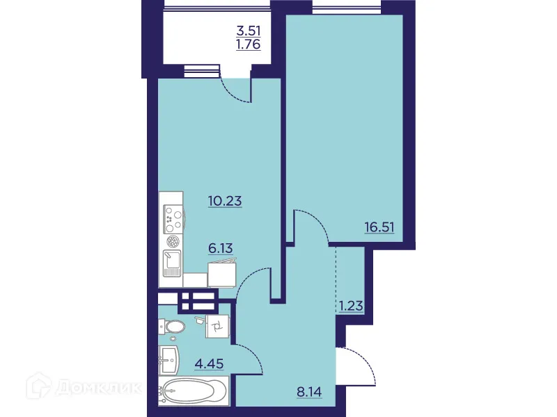 Планировка 1-комнатной квартиры 48.45 м² в ЖК Городские Сады, г. Воронеж — фото 2