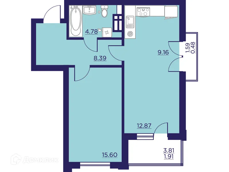 Планировка 1-комнатной квартиры 53.19 м² в ЖК Городские Сады, г. Воронеж — фото 2