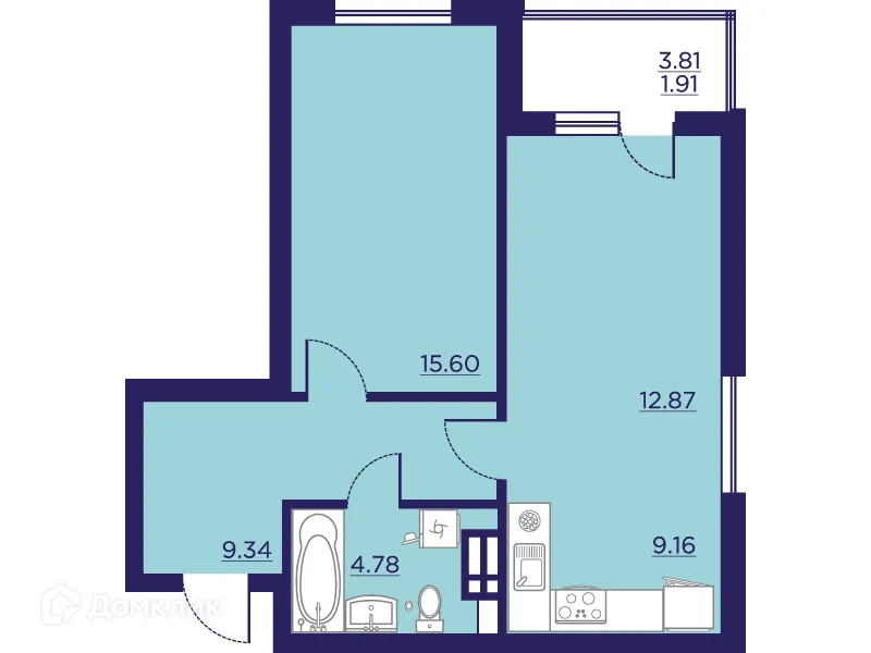 Планировка 1-комнатной квартиры 53.66 м² в ЖК Городские Сады, г. Воронеж — фото 2