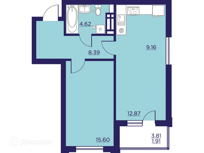Планировка 1-комнатной квартиры 52.55 м² в ЖК Городские Сады, г. Воронеж — фото 2