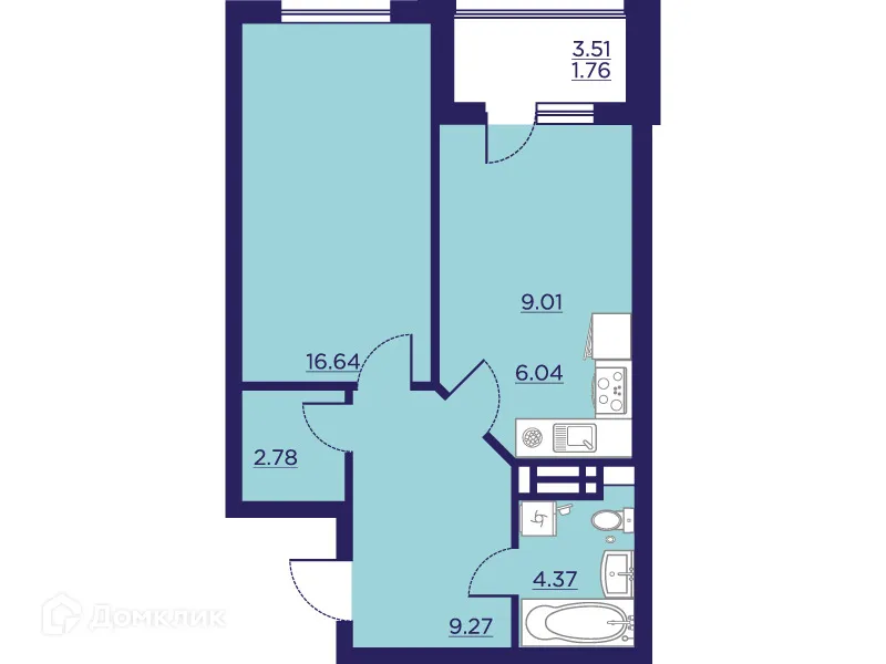 Планировка 1-комнатной квартиры 49.87 м² в ЖК Городские Сады, г. Воронеж — фото 2