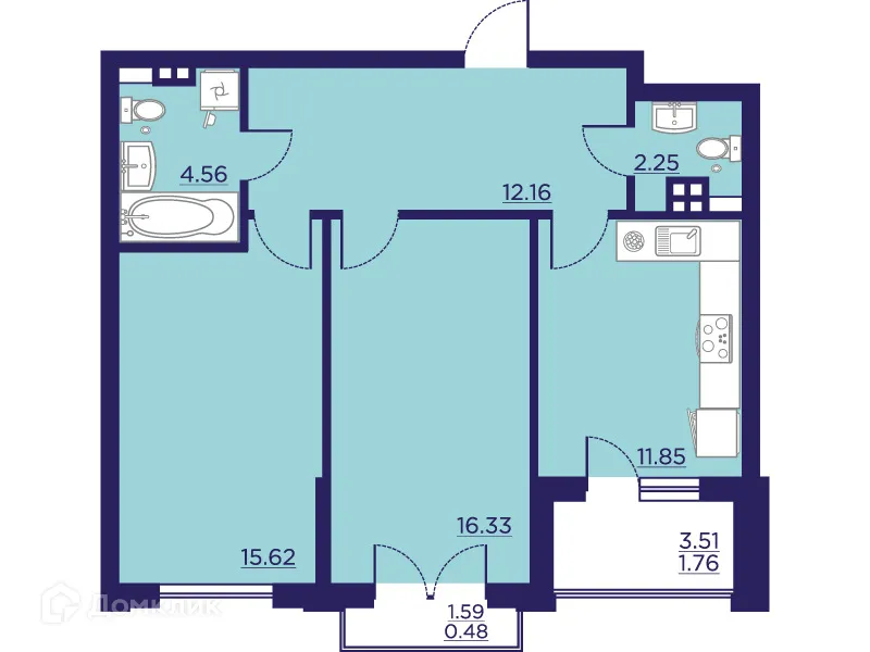 Планировка 2-комнатной квартиры 65.01 м² в ЖК Городские Сады, г. Воронеж — фото 2