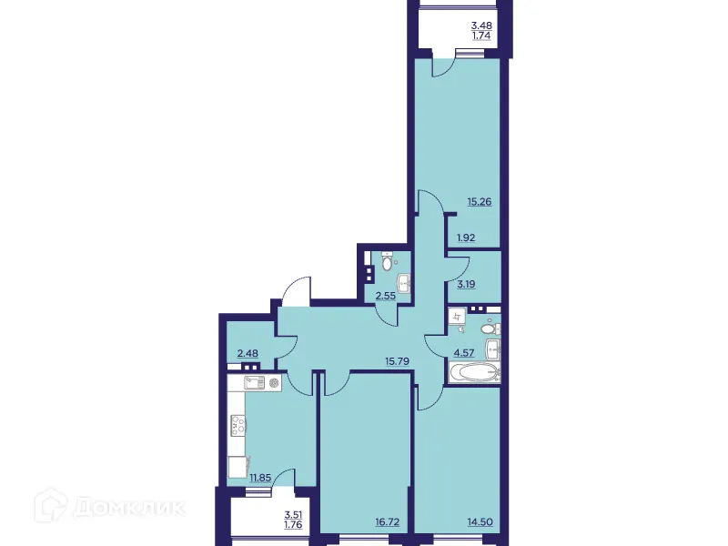 Планировка 3-комнатной квартиры 92.33 м² в ЖК Городские Сады, г. Воронеж — фото 2