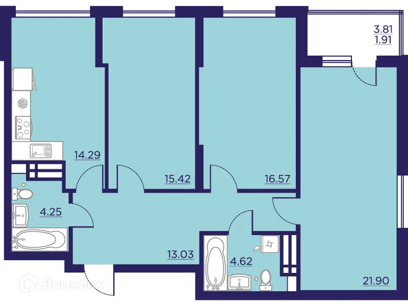 Планировка 3-комнатной квартиры 91.99 м² в ЖК Городские Сады, г. Воронеж — фото 2