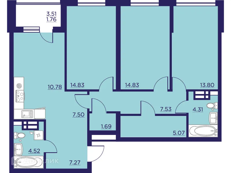 Планировка 3-комнатной квартиры 93.89 м² в ЖК Городские Сады, г. Воронеж — фото 2