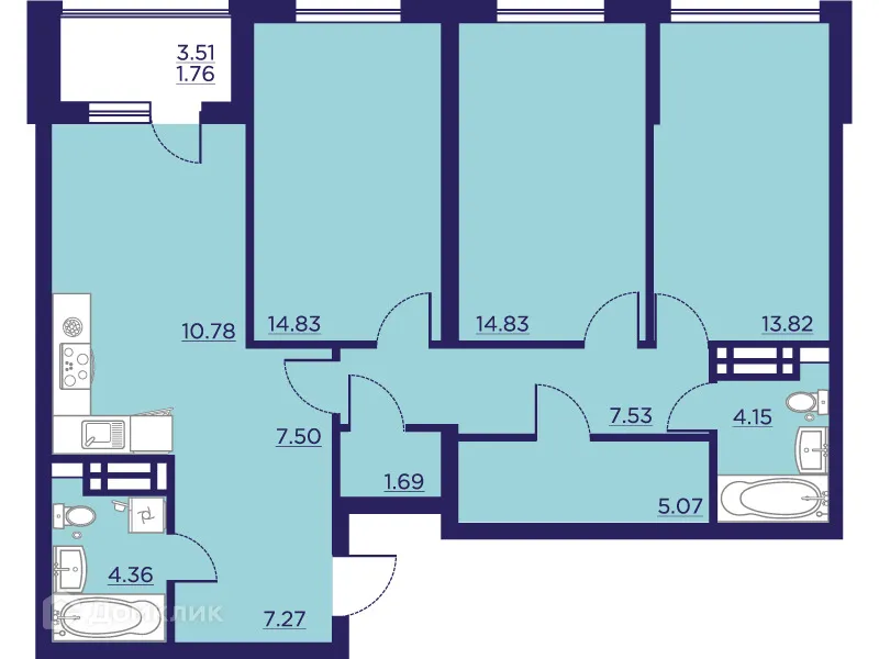 Планировка 3-комнатной квартиры 93.59 м² в ЖК Городские Сады, г. Воронеж — фото 2