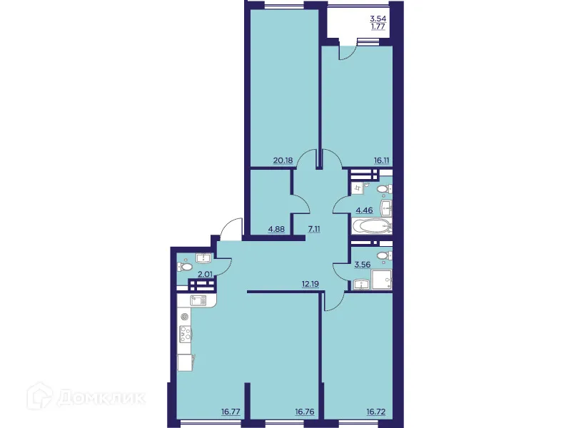 Планировка 3-комнатной квартиры 122.52 м² в ЖК Городские Сады, г. Воронеж — фото 2