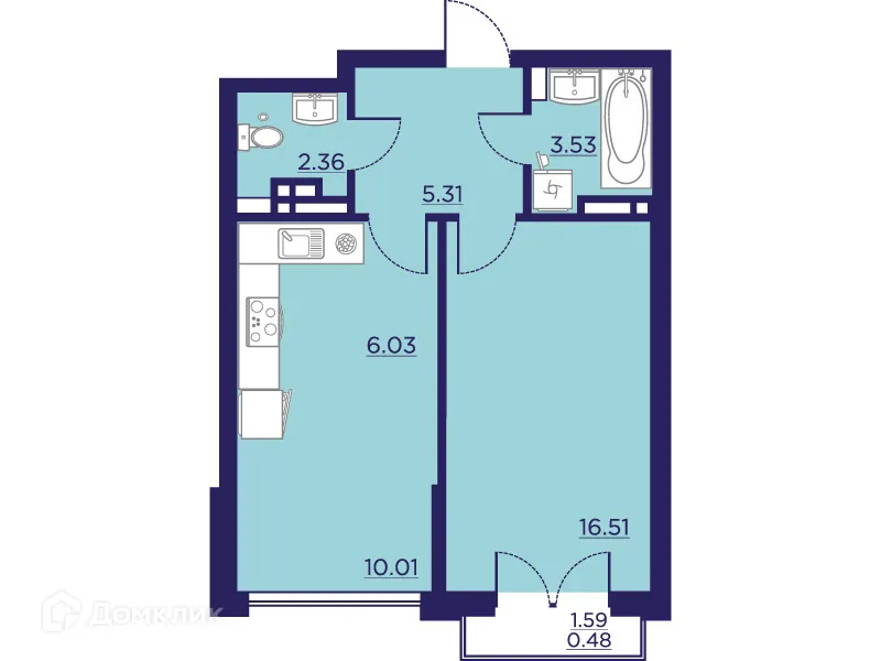 Планировка 1-комнатной квартиры 44.23 м² в ЖК Городские Сады, г. Воронеж — фото 2
