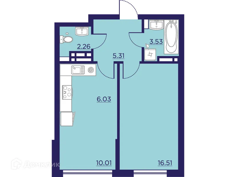 Планировка 1-комнатной квартиры 43.65 м² в ЖК Городские Сады, г. Воронеж — фото 2