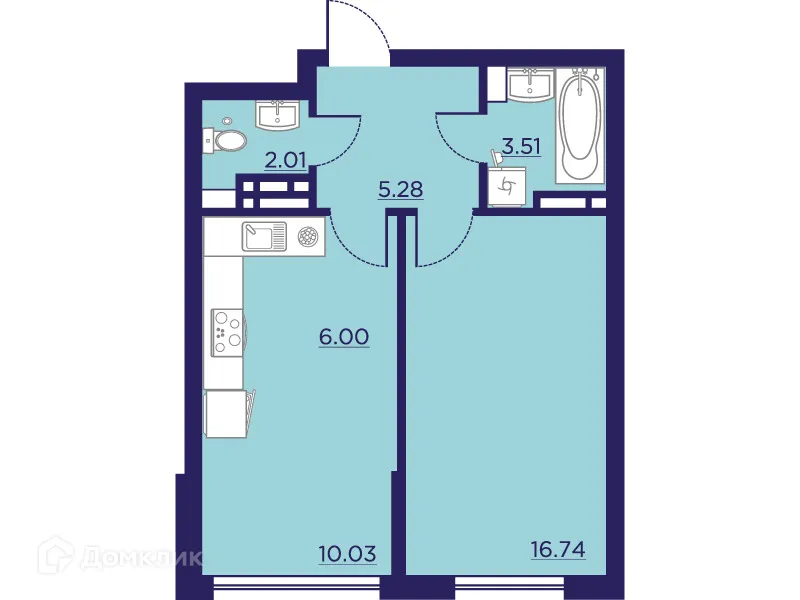 Планировка 1-комнатной квартиры 43.57 м² в ЖК Городские Сады, г. Воронеж — фото 2