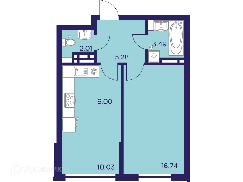 Планировка 1-комнатной квартиры 43.55 м² в ЖК Городские Сады, г. Воронеж — фото 2