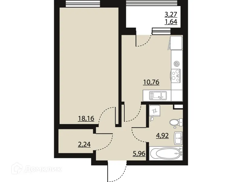 Планировка 1-комнатной квартиры 43.68 м² в ЖК "Бунин", г. Воронеж — фото 2