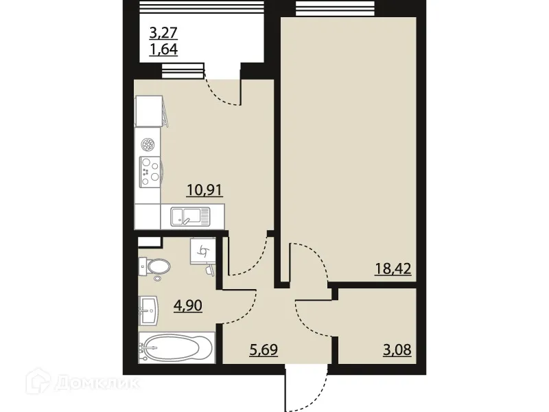 Планировка 1-комнатной квартиры 44.64 м² в ЖК "Бунин", г. Воронеж — фото 2